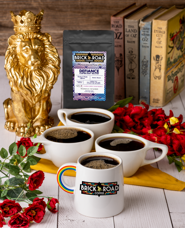 Brick Road Coffee Defiance Espresso Blend from LGBTQ-owned café in Tempe, Arizona, symbolizing courage and community.