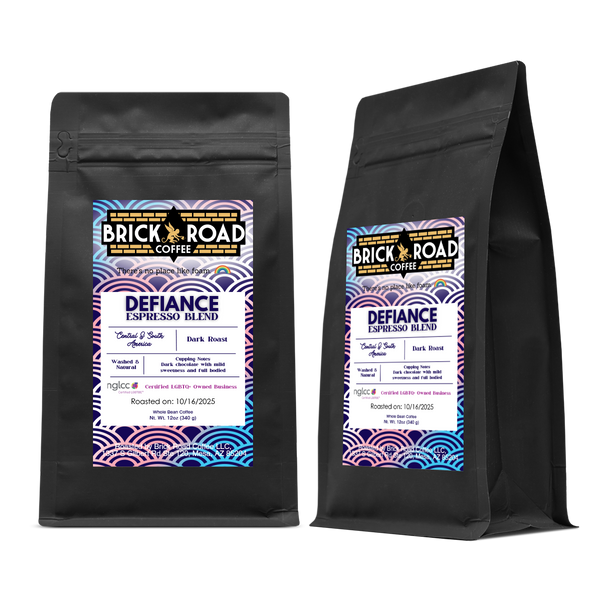 Brick Road Coffee Defiance Espresso Blend bag – dark roast LGBTQ+ owned coffee brand from Mesa, Arizona