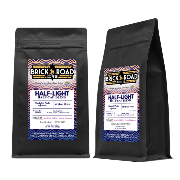 Brick Road Coffee Half-Light Blend bag – LGBTQ+ owned inclusive coffee brand medium roast half-caf with walnut and honey notes.
