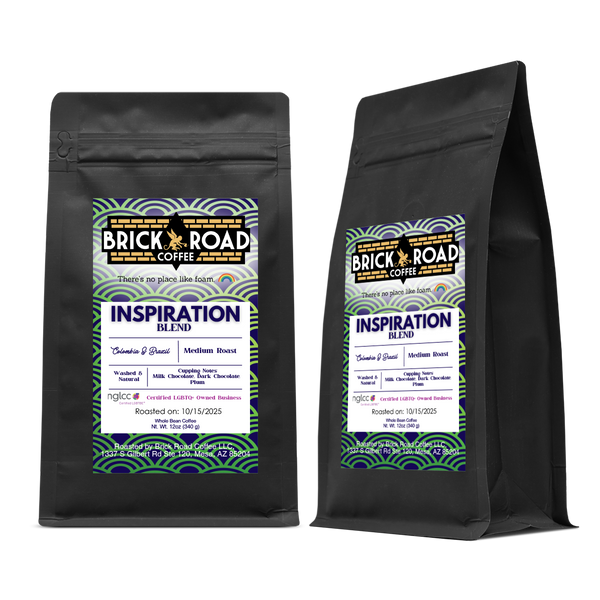 Brick Road Coffee Inspiration Blend bag – LGBTQ+ owned inclusive coffee brand medium roast from women-owned farms in Brazil and Colombia.