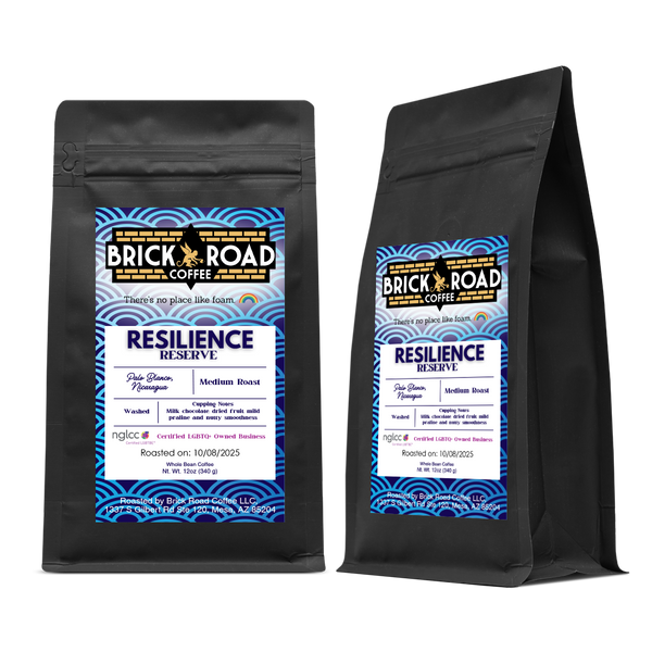 Brick Road Coffee Resilience Reserve bag – LGBTQ+ owned inclusive coffee brand medium roast with milk chocolate and dried fruit notes.