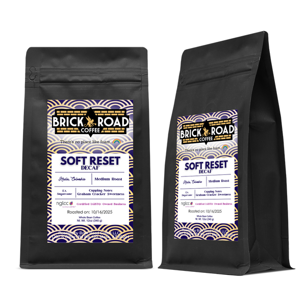 Brick Road Coffee Soft Reset Decaf bag – LGBTQ+ owned inclusive coffee brand Colombian medium roast decaf.