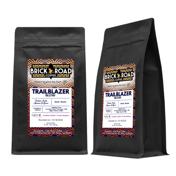 Brick Road Coffee Trailblazer Blend bag – LGBTQ+ owned inclusive coffee brand dark roast with caramel and lemon notes.