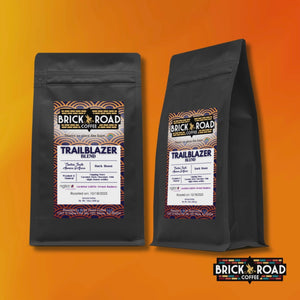 Brick Road Coffee Trailblazer Blend bag – LGBTQ+ owned inclusive coffee brand dark roast with caramel and lemon notes.